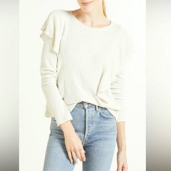 Allison Joy Evereve Nora Ruffle Top Scoop Neck Long Sleeve Ivory Cream Size L - Picture 10 of 11